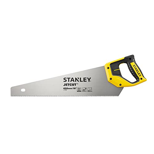 Stanley JetCut feine Handsäge 2-15-595 in 450 mm Länge – Säge für Holz, Kunststoff, Laminat – Mit Griff aus Bi-Material, verbesserter Verzahnung & 45/90° Anschlag für präzises Sägen