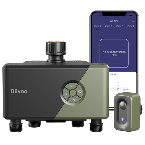 Diivoo Bewässerungscomputer WLAN 4 Ausgänge mit 60M RFID-Technologie, Wasser Zeitschaltuhr mit Alexa Sprachsteuerung & 6 Bewässerungspläne, Automatische Bewässerungsuhr mit WiFi Hub für Garten Rasen