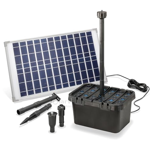 esotec Solar Teichfilterset Starter 25/1250 | Teichfilter Komplettset | Pumpe 1250l/h | 3 Sprinkler-Aufsätze | Solarmodul 25 Watt | Solar Teichpumpe für Außen | Gartenteichreinigung 100903