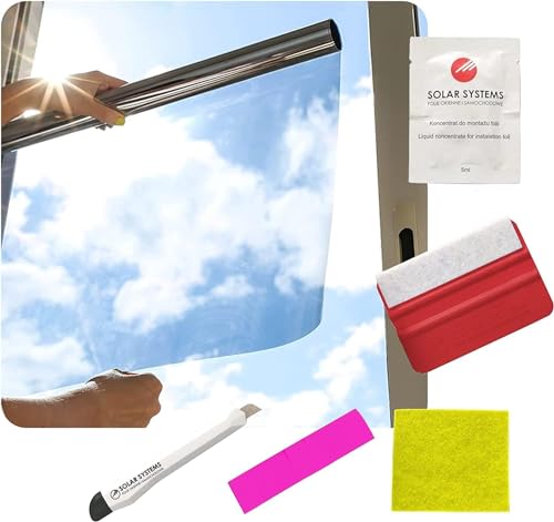 Solar Systems Fensterfolie Sonnenschutzfolie für Wärmeisolierung mit Montagekit - Anti-UV Solarfolie für Innen und Außen - Silber Spiegelfolie Selbstklebend - Hält die Wärme im Gebäude (100 x 200cm)