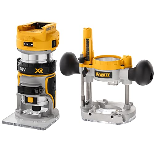 Dewalt 18 Volt Akku-Kombifräse DCW604NT (einsetzbar als Ober-oder Kantenfräse, bürstenloser Motor, 6-8 mm Werkzeugaufnahme, max. Fräs-ø: 36 mm, Fräskorbhub: 55 mm, Lieferung ohne Akku u. Ladegerät)