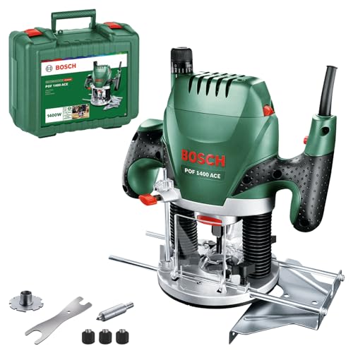 Bosch Oberfräse POF 1400 ACE (1400 W; für Holzbearbeitung; 3x Spannzange; Fräser; Parallelanschlag; Absaugadapter; im Koffer), Testnote: Testsieger (Magazin: selbst ist der Mann)