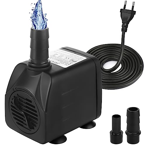 Mini Wasserpumpen(450L/H, 8W) Ultra Leise Brunnen Pumpe mit 140cm Netzkabel Klein Aquarium Pumpe für Zimmerbrunnen, Aquarien, Brunnen, Hydrokultur, Teich 2 Düsen