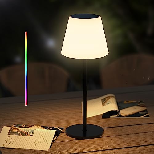 Ecvivk Solar Tischlampe Outdoor Tischleuchte mit Lichtsensor,Dimmbar Warmweiß und RGB LED Tischlampe Kabellos,Tragbare Aufladbar Solarlampen für InnenAußen、Garten、Terrasse、Schlafzimmer、Camping.