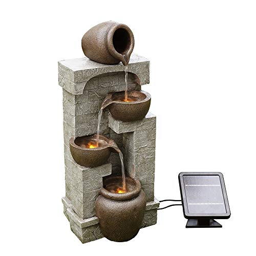 Teamson Home Garden & Outdoor Solarbetriebenes Wasserspiel mit Lichtern, kaskadierendem Springbrunnen, 4-stöckigem Topf, Indoor-Wasserfall-Dekoration und Batterie-Backup