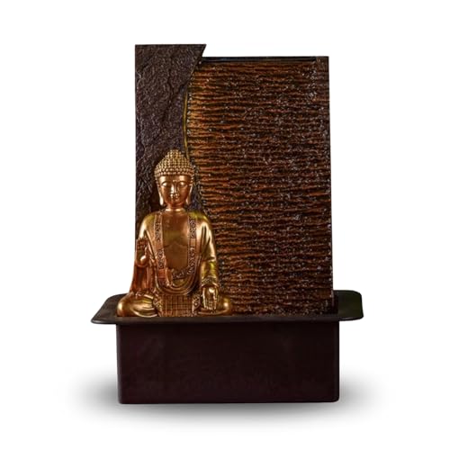 Zen'Light - Zimmerbrunnen Buddha Jati abnehmbar mit gelbem LED-Band - Zen-Dekor Ideal für Meditation und Entspannung - Leise Wasserpumpe - Glücksbrunnen mit geschlossenem Kreislauf - H 40cm