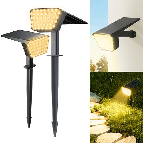 FIFlying Solarlampen, 2 Stück 2800K Solarstrahler für Außen, IP67 Wasserdicht LED Solarleuchte, Solar Gartenleuchte für Rasen, Hof, Wege, Garten, Außen, Beleuchtung der Garageneinfahrt - Warmweiß