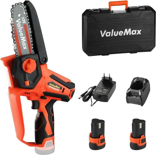 ValueMax Mini Akku Kettensäge 12V, 11CM/4 Zoll kleine Kettensäge mit 2 x 2,0 Ah Akku und Ladegerät inkl....