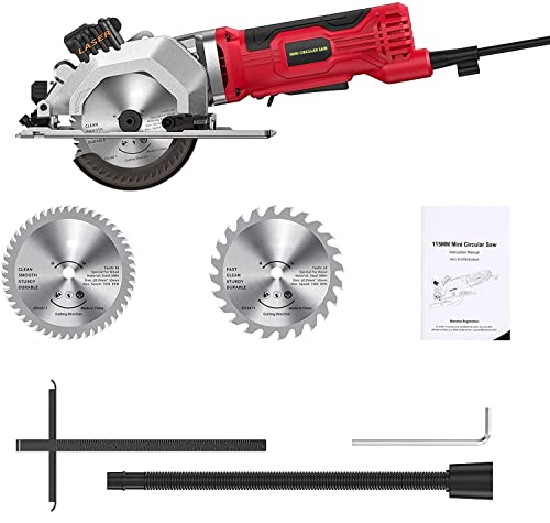 Weytoll Mini Handkreissäge 580W, Kreissägen mit Laser, 115mm Mini Kreissäge, Schnitttiefe 45 mm (90 °)/28 mm (45 °), Tauchsäge Minisäge mit Schnittlaser 2 Sägeblätter und Staubsammelschlauch