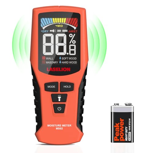 LASELION Nicht-invasive Feuchtigkeitsmessgerät MS02 Feuchtigkeitsmesser Detector Holzfeuchtemessgerät mit Großem Farbdisplay, Batterien, 4 Modi für Holz Brennholz Wände Baustoffen