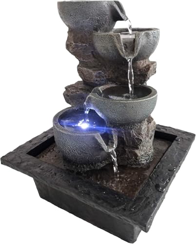 DRULINE Zimmerbrunnen mit LED - Zimmer Wasserfall Brunnen - Kaskadenbrunnen - Zimmerbrunnen - Polyresin Stein Optik - B/H/T ca. 22 x 28 x 19 cm - Braun/Grau - Indoor