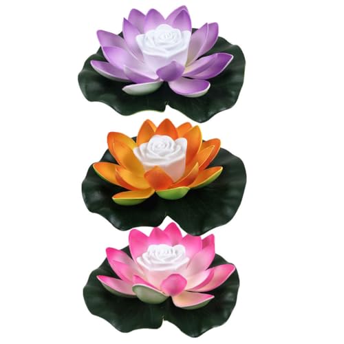OSALADI 3 Stücke LED Lotus Laterne Künstliche Seerosen Schwimmende Blumen Lotusblume Lotusblüte Lotusblatt Kerzen Licht Teichleuchte Teichlicht für Pool Teich Garten Deko Beleuchtung