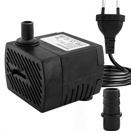 Mini Wasserpumpen(350L/H, 5W), Ultra Leise Aquarium pumpe mit hohem Hub, brunnenpumpe mit 1,5 m Netzkabel, 2 Düsen für Aquarien, Teich, Brunnen, Statuen, Hydrokultur