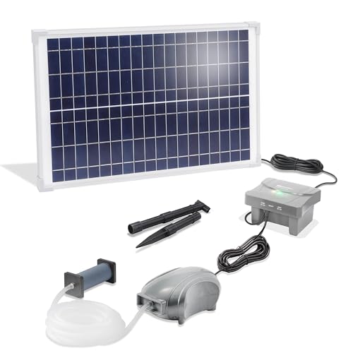 esotec Solar Teichbelüfter-Set 25/600 mit LiFePO4 Akku-Speicher | Teichbelüftung Sauerstoffpumpe 600 l/h Luftleistung | Solarpanel 25 Watt | Erdspieß 101876