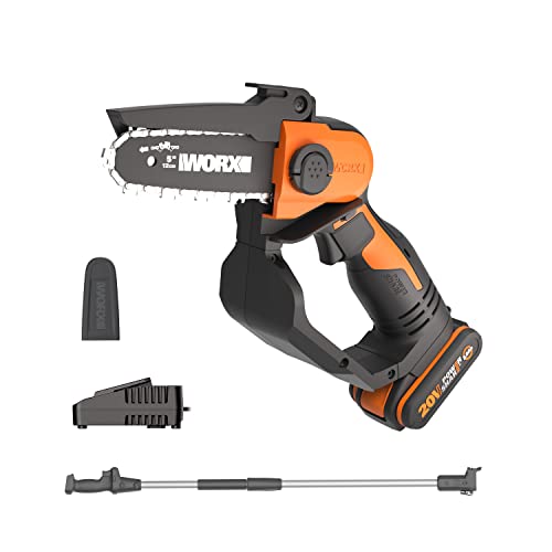 WORX Akku Mini Kettensäge 18V(MAX 20V) WG324E.1, PowerShare, 12 cm Führungsschiene, vibrationsarm, leicht und tragbar, Verlängerungsstange, 1 Akku und 1 Ladegerät im Lieferumfang enthalten