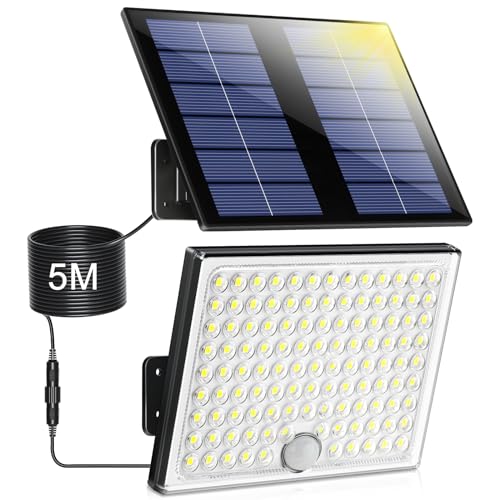 Solarlampen für Außen,Solarleuchte mit Bewegungsmelder,113 LED Solar Strahler IP65 Wasserdichte Solar-Split Wandleuchte mit 5m Kabel für Garage, Garten, Hof, Stufen, Haustüren, Rasen