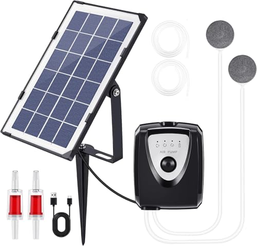 Solar Teichbelüfter, 3 Arbeitsmodi Solar/USB Sauerstoffpumpe mit 4000mAh Akku, 3.5W 6V Leise Einstellbar Aquarium Luftpumpe Sauerstoffpumpe für Teich Gartenteich Angeln im Freien mit 2 Sprudler
