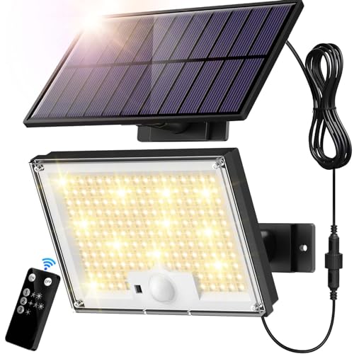 SIGRILL Solarlampen mit Bewegungsmelder 172LED Solarleuchten Aussen, Solar Strahler IP65 Außenwandleuchte Warmes Licht Gartenleuchten mit 5m Kabel, Garage