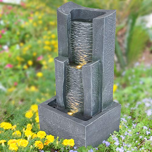 GARTENBRUNNEN BRUNNEN 230V 3-Stufige Stein-Kaskade mit LED-Licht ZIERBRUNNEN VOGELBAD Wasserfall GARTENLEUCHTE TEICHPUMPE - SPRINGBRUNNEN WASSERSPIEL für Garten, Gartenteich, Terrasse, Teich, Balkon