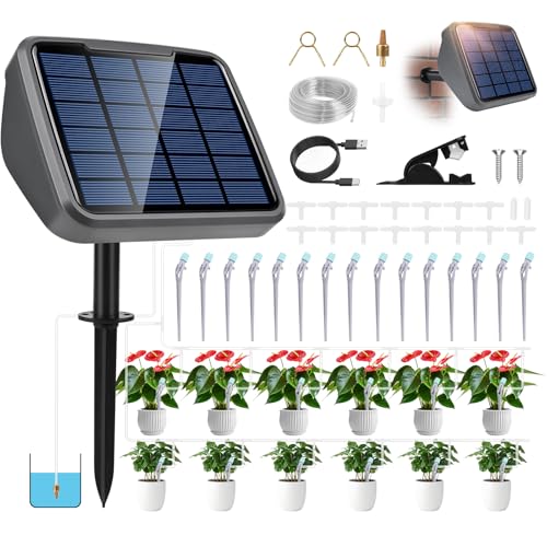 Solar Bewässerungssystem, 2-in-1 Automatisches Gartenbewässerungssystem mit 15M Schlauch Und Anti-Siphon,Tröpfchenbewässerung system Für Garten, Balkon Pflanzen, Kübelpflanzen Im Freien Typ-C-Ladung