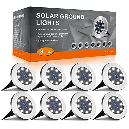 FLOWood Solar Bodenleuchte Solarleuchte für Garten Solar Außenleuchte 8 LEDs wasserdicht Edelstahl + Kunststoff 8 Stk [Energieklasse A+]