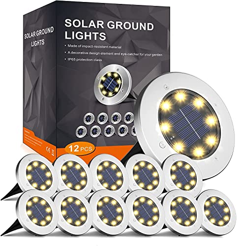 FLOWood Solar Bodenleuchte Solarleuchte für Garten 8 LEDS Solar Außenleuchte Wasserdicht Solar Gartenleuchte Edelstahl Kunststoff Solarlampe für außen Warmweiß 12 Stk [Energieklasse A]