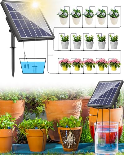 Biling Solar Bewässerungssystem Balkon 15M Bewässerungssystem Solar Tröpfchenbewässerung Automatische Solar Bewässerung 2.5W Solarbewässerungssyteme für Garten Pflanzen Hochbeet Gewächshaus Urlaub