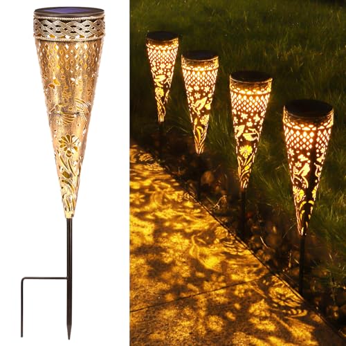 Glovios Solarlampen für Außen Garten 4 Stück Vintage Warmweiß LED Solarleuchten Garten Deko IP44 Wetterfest Solar Gartenleuchten aus Metall Gartendeko für Terrasse Rasen Hof Wege Garten Außen