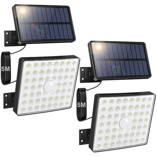 Moman Solarlampen für Außen, 2PCS/54LED Strahler mit Bewegungsmelder Außen Solarleuchte mit 5M Kabel & 4 Modi IP65 Wasserdicht Solar LED für Garten Garage, Solarlampe-Außen-LED-Solarleuchten-Strahler