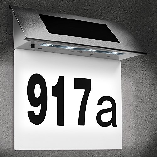 DEUBA® Edelstahl Hausnummer Beleuchtet Solar 4 LEDs Dämmerungssensor Wetterfest 0-9 Zahlen a-h Buchstaben Haus Nummer Beleuchtung Leuchte Außen