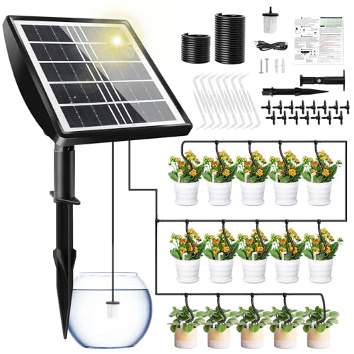 Solar Bewässerungssystem,Lvelfe Upgrade Automatisch Tropfbewässerungssystem Mit 64 Timing-Modi,15M Tropfschlauch Tropfbewässerung für 15 Pflanzen, Geeignet für Balkon, Gärten und Gewächshauspflanzen