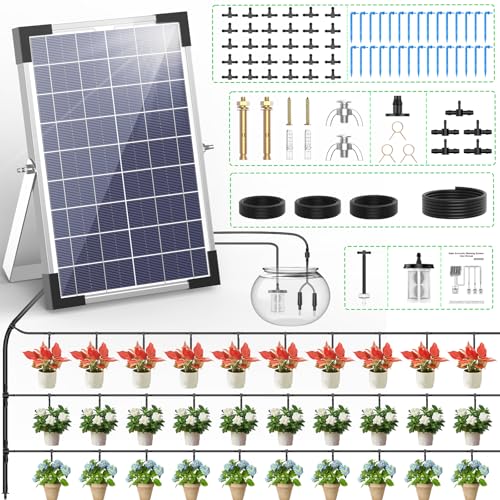 TRJZWA Solar Bewässerungssystem,5W Solar Automatisches Bewässerungssystem Solar Bewässerungsset mit Integriertem Timer Bewässerungscomputer 35m Wasserleitung 30 Tropfspitzen für Garten Gewächshaus