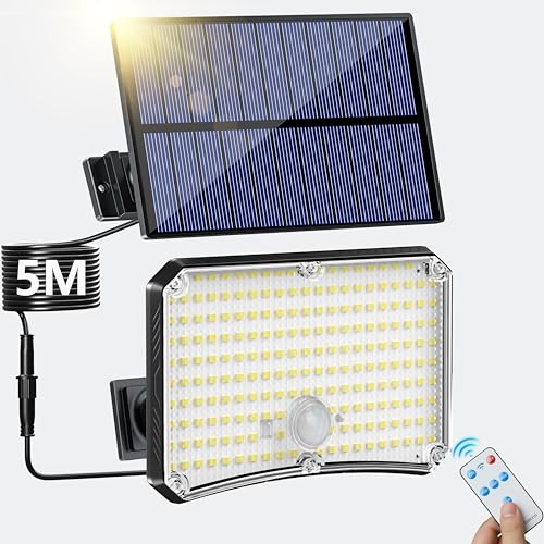 Solarlampen für Außen Solarleuchte mit Bewegungsmelder, [200 LED] Solarleuchten für Außen 4 Modi IP65 Wasserdichte Solar Strahler Außen mit 5M Kabel Solarlampe für Garten Hof Stufen Haustüren Rasen