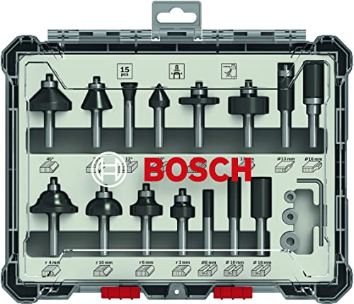 Bosch 15tlg. Fräser Set Mixed (für Holz, Zubehör Oberfräsen mit 8 mm Schaft)