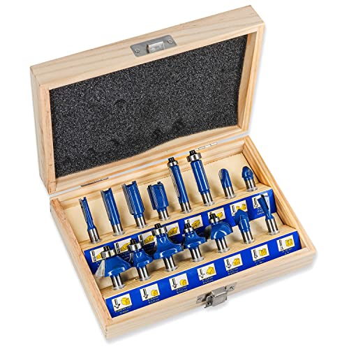 S&R Holzfräser-Set HM 15-tgl., Holzfräs-Bits für 8mm Schaft, Holzkoffer, geschmiedeter Werkzeugstahl, Schneidplatten aus HM, Fräser für Oberfräse in robuster Holzbox