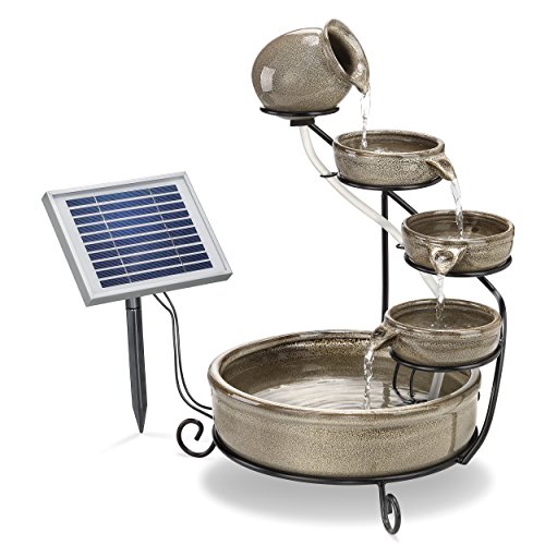 esotec Solarbrunnen mit Akku + LED für draussen Pisa | Kaskadenbrunnen | Solar Springbrunnen für außen | Gartenbrunnen Wasserspiel | Katzenbrunnen Terrakotta | Zierbrunnen | grau H=55cm 101300