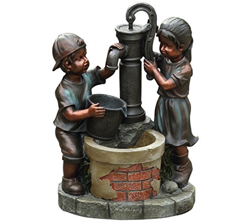 Dehner Gartenbrunnen Kim & Tim mit LED Beleuchtung, ca. 61 x 45 x 29.5 cm, Polyresin, bronze/petrol