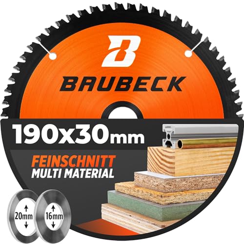 BAUBECK Sägeblatt 190x30 inkl. 20mm/16mm Reduzierringe - Multi Material Feinschnitt - Kreissägeblatt 190x30 für Holz, Aluminium, Metall uvm. - Sägeblatt 190x20 und Sägeblatt 190x16