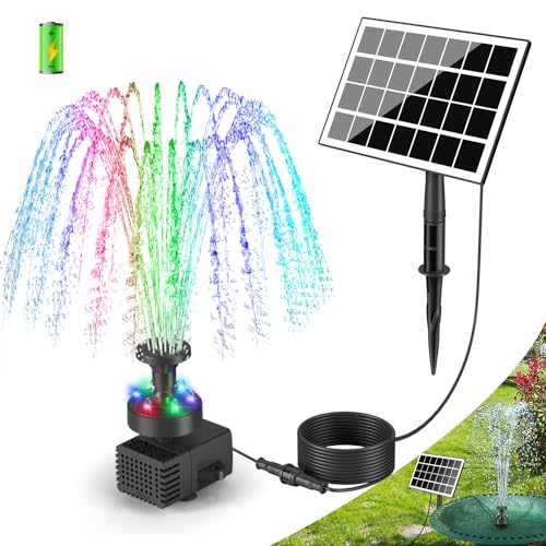 SZMP Solar Springbrunnen für außen 2024 Upgrade,3.5W Solar Teichpumpe LED-Lichtern mit 8 DIY Effekte,16.4ft Kabel,2000mAh Akku,Solar Wasserpumpe Solar schwimmender Fontäne Pumpe für Garten,Vogel-Bad