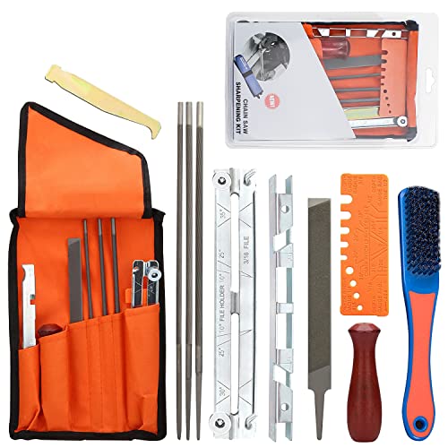 Kettensägen Schärffeilen Kit Universal-Kettensägen-Feilensatz Feilenkit zum Schärfen von Sägeketten 11 PCS Enthält Rundfeile Schärfführungen Tiefenmesser Flache Feile Leichte Feldtasche