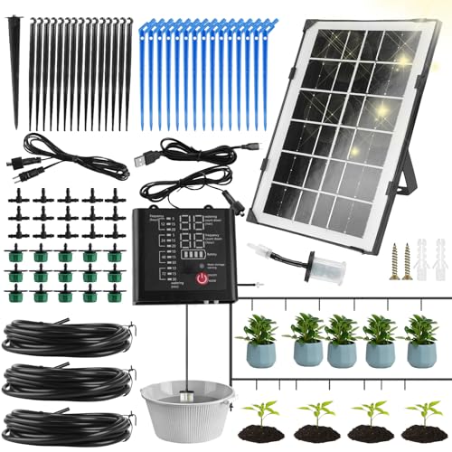 Solar Bewässerungssystem Automatische Bewässerung, Pflanzen Tröpfchenbewässerung System mit 12 Timer-Modi, Wassersensor, 15M Schlauch für Garten, Balkon Pflanzen, Kübelpflanzen Urlaub