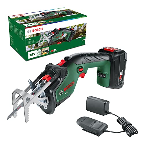 Bosch Akku-Gartensäge/Säbelsäge/Reciprosäge Keo (1 Akku 2,0 Ah, 18-Volt-System, Schneidekapazität 80 mm, mit Schweizer Präzisionssägeblatt für Holz, im Karton)