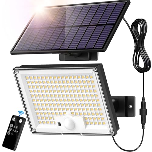SIGRILL Solarlampen mit Bewegungsmelder 172LED , Solar Strahler IP65 Außenwandleuchte, Gartenleuchten mit 5m Kabel, Solarleuchten für Außen, Garage