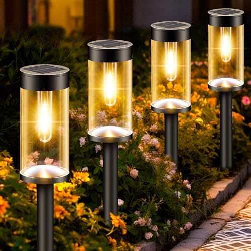 nipify Solarlampen für Außen Garten, 【4 Stück】 Solarleuchten Garten mit Warmweiß Wolfram Licht, IP65 Wasserdicht Auto Ein/Aus Solarleuchten Garten Deko für Rasen, Gärten, Hof, Geschenke