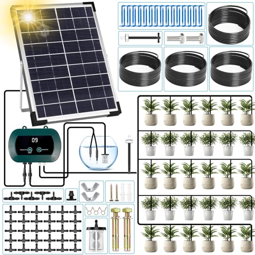 GUHAOOL Solar Bewässerungssystem, Automatische Bewässerungssystem Garten für 30 Topfpflanzen, Tröpfchenbewässerung System mit Timer und 35M Schlauch für Garten,Balkon Pflanzen,Kübelpflanzen im Freien