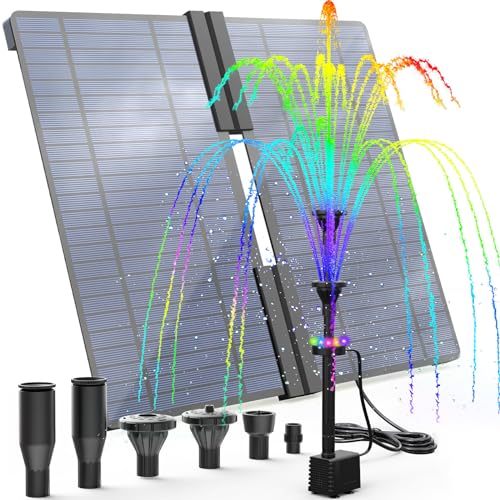 AMZtime 20W Bunte LED Solar Springbrunnen für Außen mit 3 * 2500mAh Akku, Falten Solar Teichpumpe mit Verstellbarem Ständer Solarbrunnen für Draussen mit 6 Düse für Garten,Teich,DIY Wasserspiel