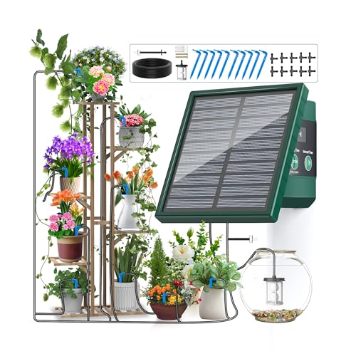 TRJZWA Solar Bewässerungssystem,2024 Neuestes Automatisches Solar Bewässerungssystem für Garten,Balkon mit Einstellbarem Bewässerungsmodus,Tropfbewässerungssystem mit 10m Wasserleitung,10 Tropfköpfe