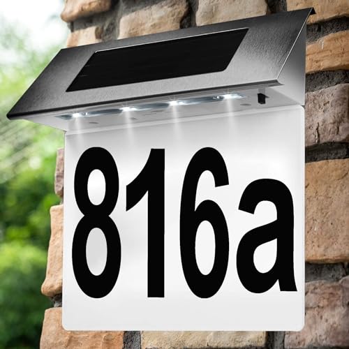 Hausnummer Solar Beleuchtete, Solarhausnummer mit 4 LED Beleuchtete Umweltfreundlich Hausnummernleuchte Wasserdicht Außen Dämmerungsschalter mit Nummern 0-9 & Buchstaben A-H