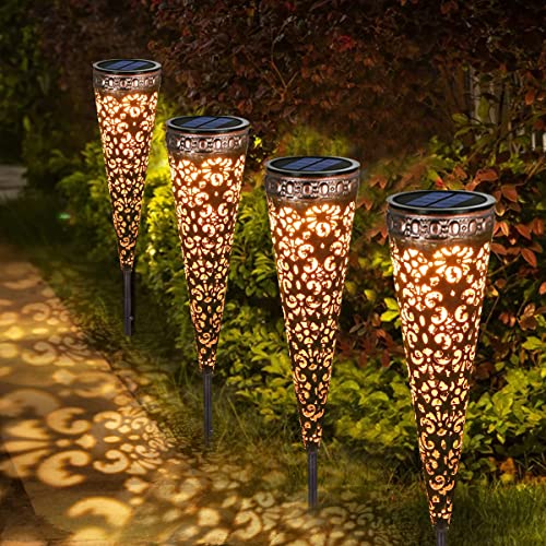 4 Stück Metall Vintage Solarlampen, Görvitor IP65 Wasserdicht Garten Solarleuchten für Außen, Warmweiß LED Solar Gartenleuchten mit Erdspieß Deko für Terrasse Blumenkasten Balkon