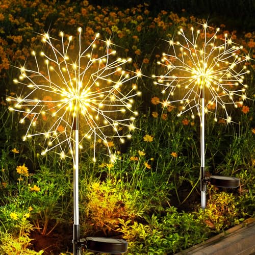 suddus Solarleuchten für den Außenbereich, wasserdicht, dekorativ, 2 Stück, 150 LEDs, Solar-Feuerwerk-Lichter für den Außenbereich, Solar-Gartenleuchten für Hof, Garten, Party, Terrasse, Weg,